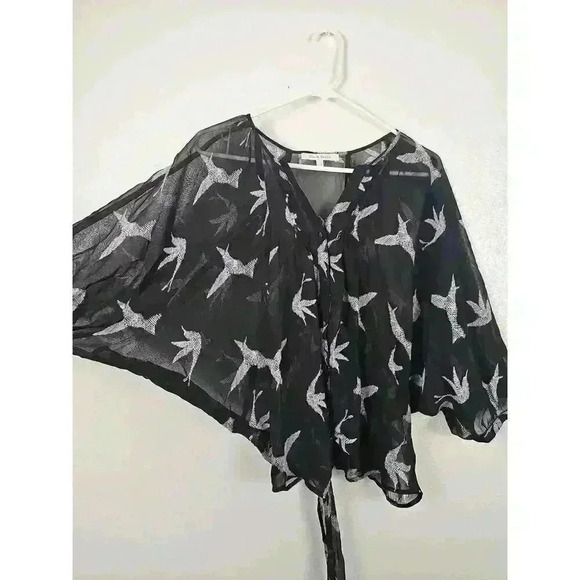 Black Rainn Sheer Thin Kimono Small Black White Bird Pattern Tie Front V Neck - Picture 2 of 4